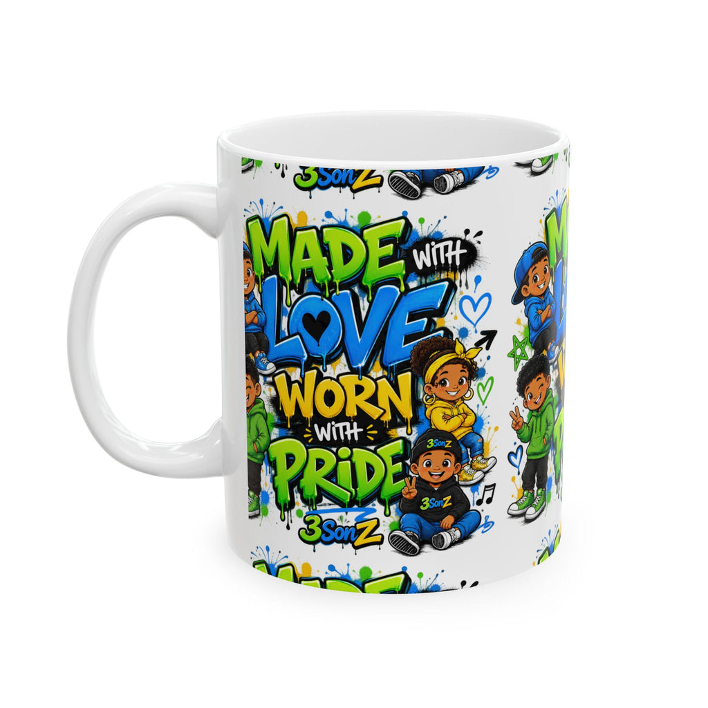 Ceramic Mug — "Made with Love Worn with Pride" Colorful Graffiti Coffee Cup