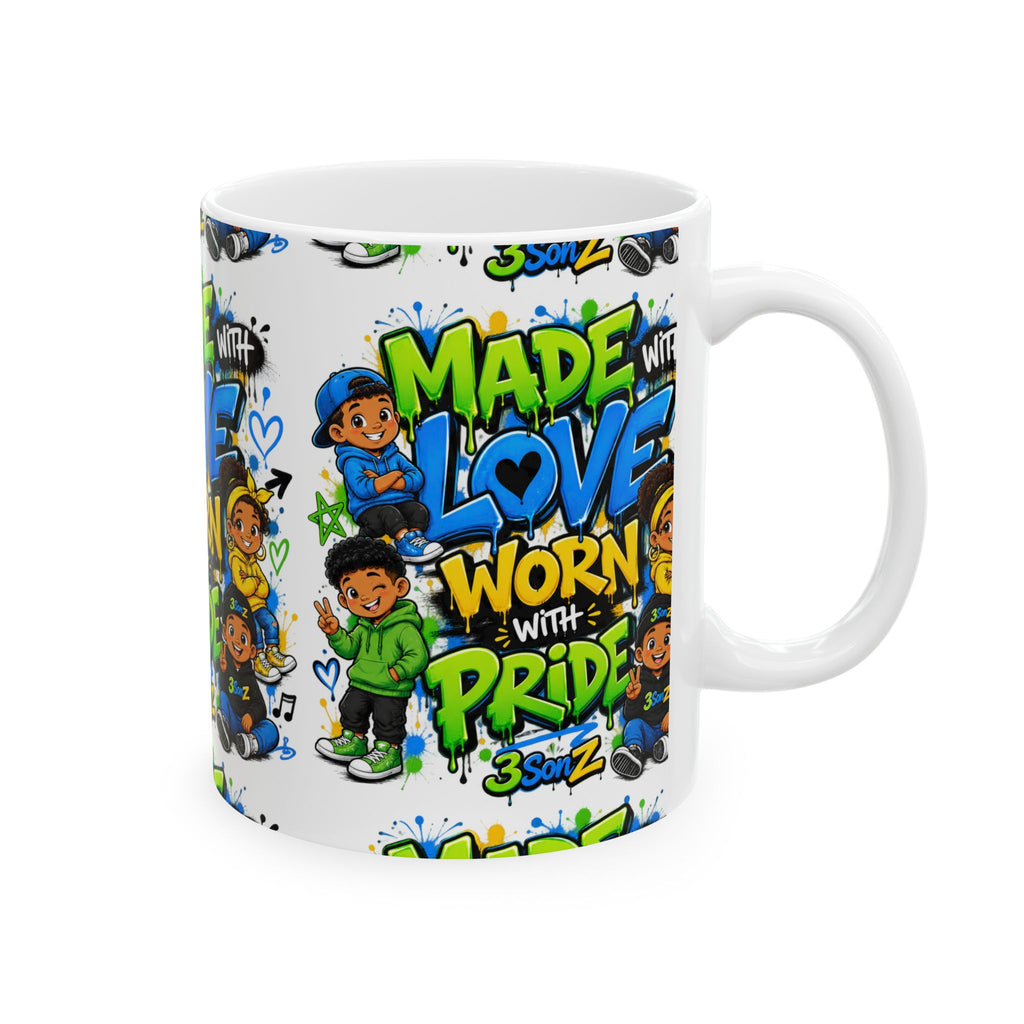 Ceramic Mug — "Made with Love Worn with Pride" Colorful Graffiti Coffee Cup
