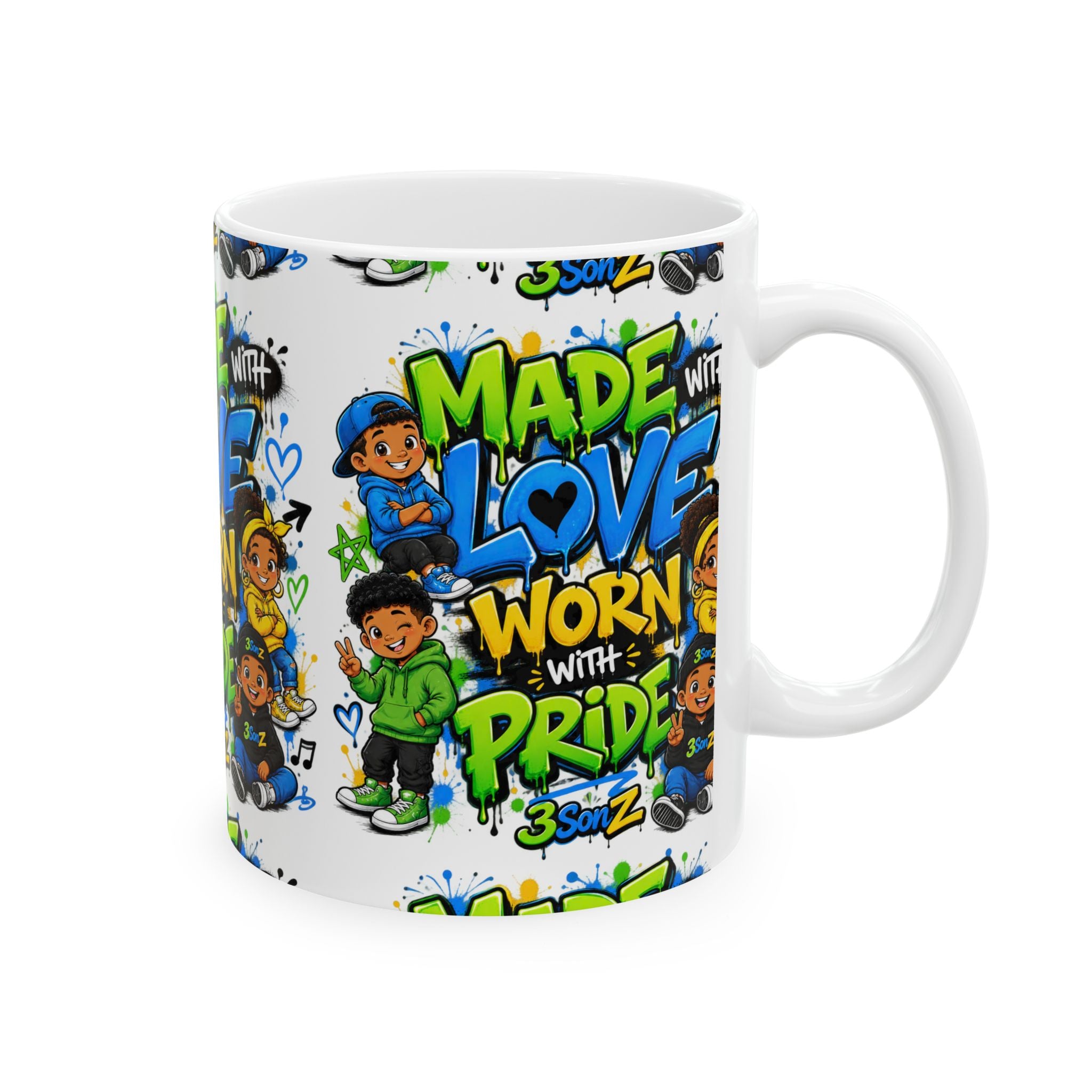 Ceramic Mug — "Made with Love Worn with Pride" Colorful Graffiti Coffee Cup