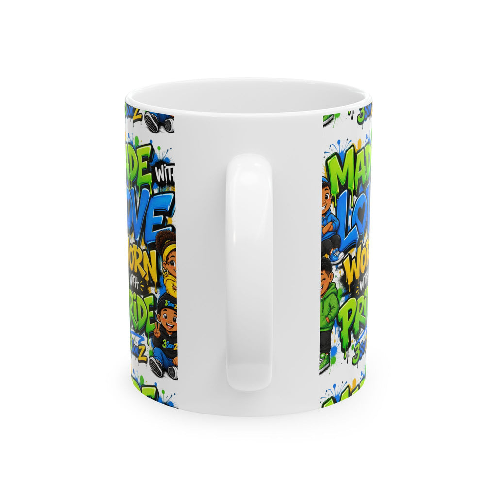 Ceramic Mug — "Made with Love Worn with Pride" Colorful Graffiti Coffee Cup