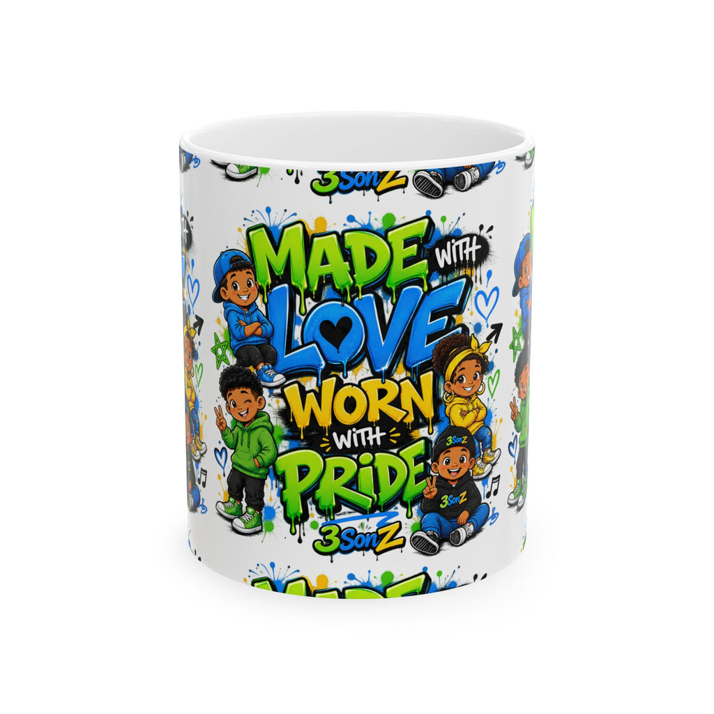 Ceramic Mug — "Made with Love Worn with Pride" Colorful Graffiti Coffee Cup
