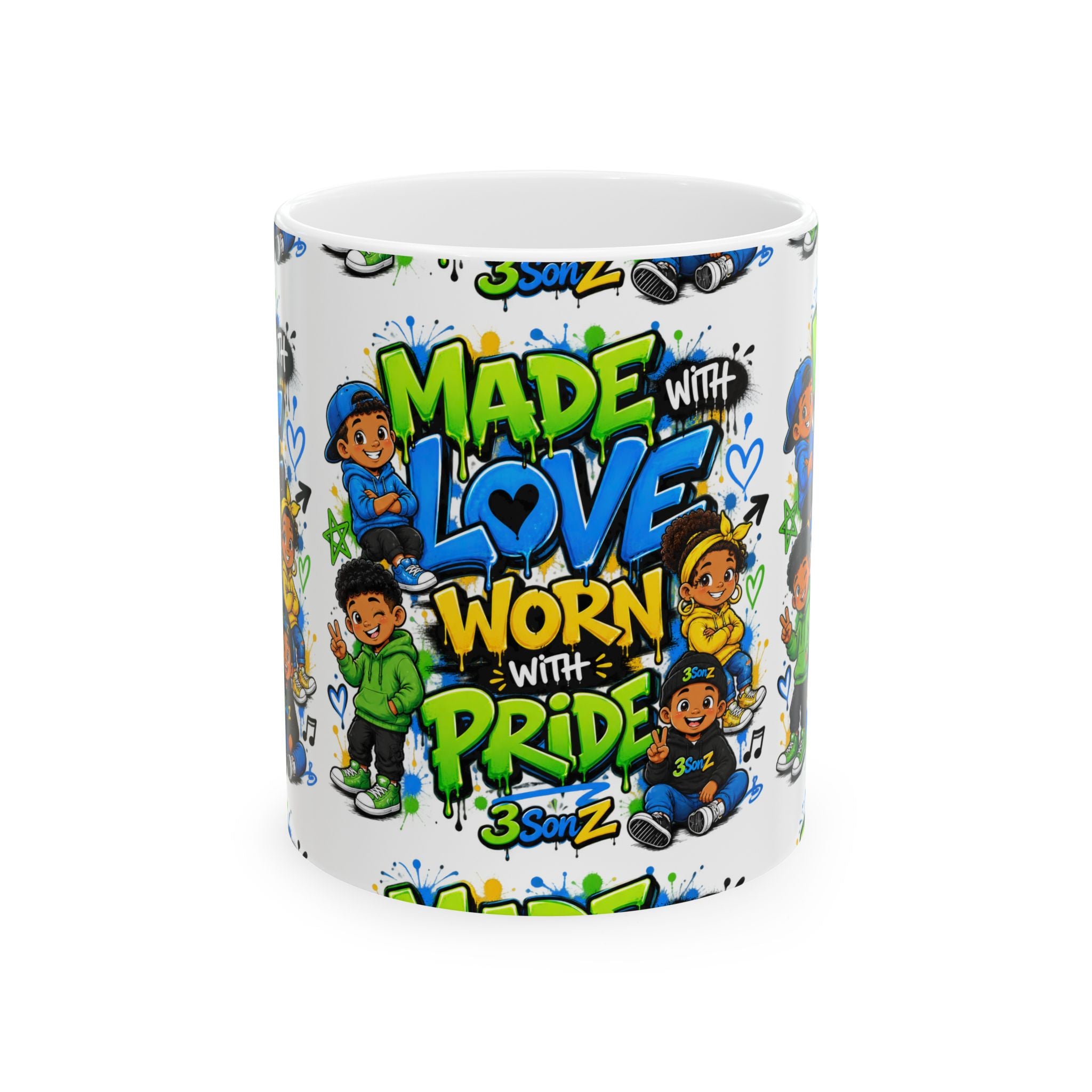 Ceramic Mug — "Made with Love Worn with Pride" Colorful Graffiti Coffee Cup
